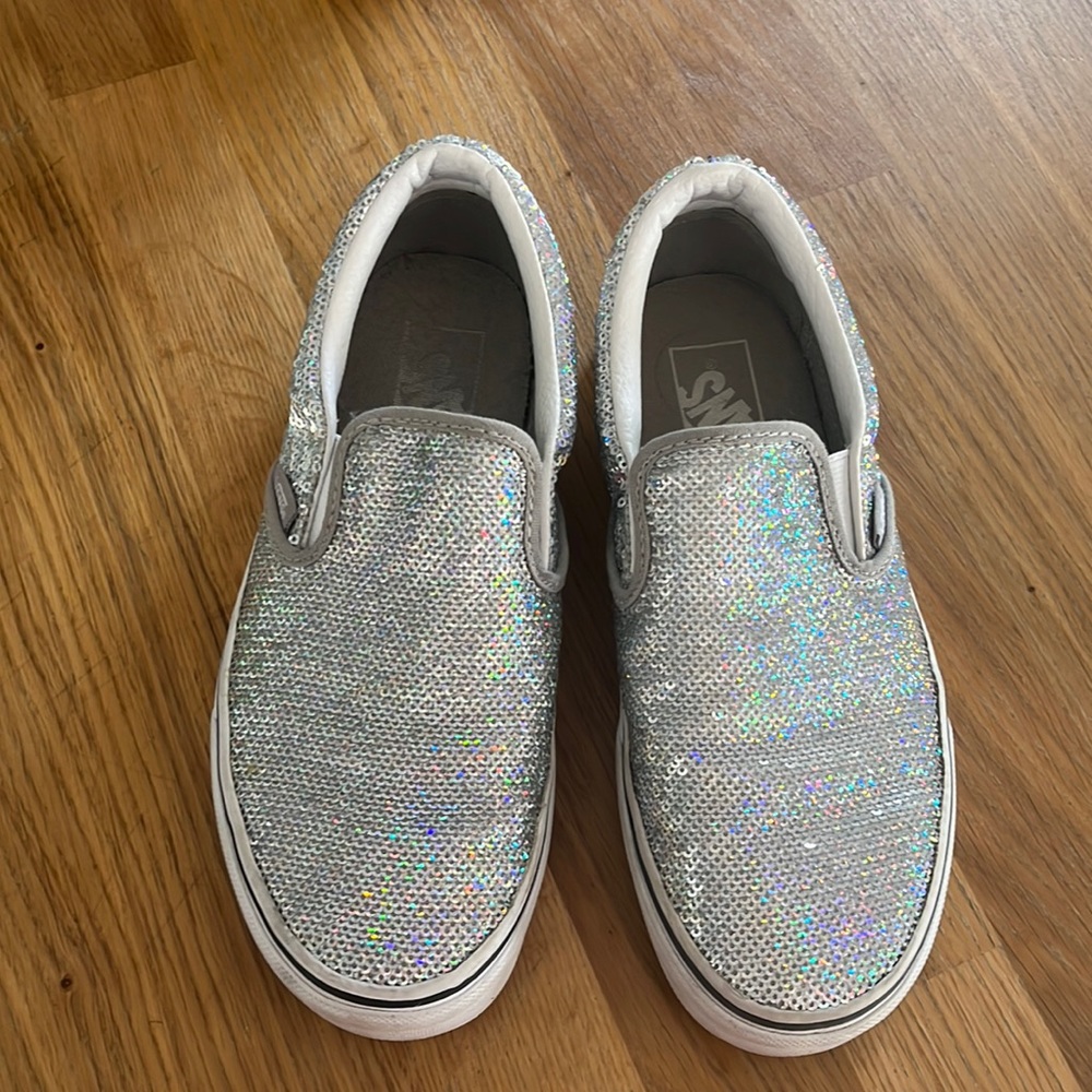 Silver microsequin slip on vans! Lightly worn size 6.5